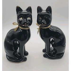 Vintage MCM Black‎ Siamese Sleek Cat Pair Gold Eyes Accents 10.5" Tall See Pics
